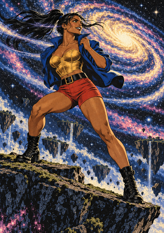 Comic-style woman in a gold top, red shorts, and blue jacket standing on a rocky ledge before a vivid spiral galaxy.