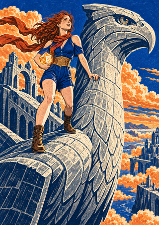 Red-haired woman in blue standing on a monumental sculpted stone bird above a city and bridges in orange clouds.