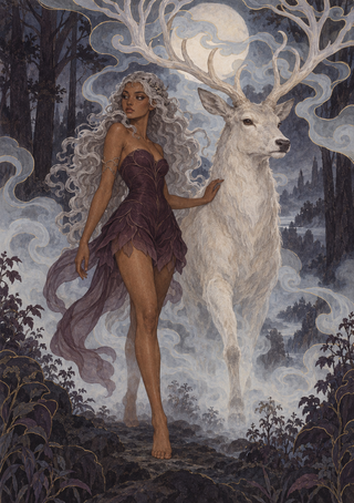 A woman in a dark plum leaf-like dress stands beside a pale branching-antlered stag in a misty moonlit forest.