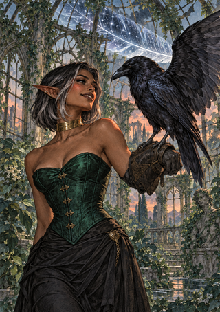Pointed-eared woman in dark green with a black raven on her gloved arm beneath a starry garden arch.