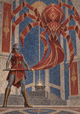 Gray-skinned, pointed-eared woman holding a red-and-gold standard beneath a large patterned spider-like creature in a paneled interior.