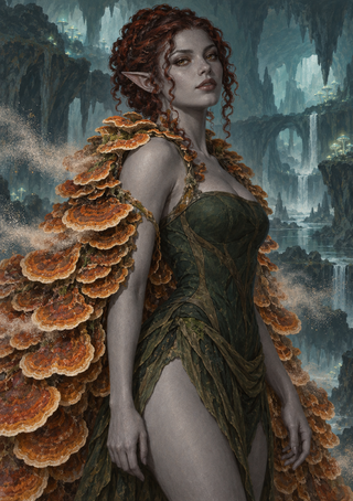 Pointed-eared gray-skinned woman in a dark green dress wearing a layered orange-brown fungus-like mantle in a cavern.