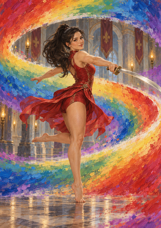 Red-clad woman balancing with a curved sword inside a broad rainbow spiral in an ornate hall.