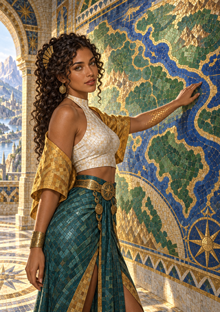 Fantasy woman in teal and gold beside a large blue-green mosaic map, with a distant city visible through an arch.