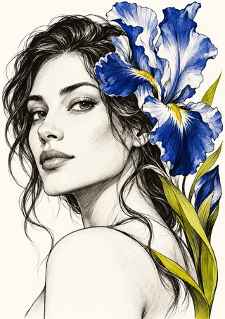 Woman in left-facing three-quarter profile with a large blue-and-white iris beside and behind her head, rendered in black ink with green leaves.