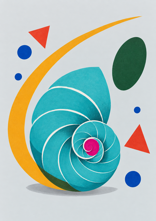Stylized turquoise spiral shell with a magenta center, broad saffron arc, red triangles, dark green oval, and cobalt dots on pale gray.