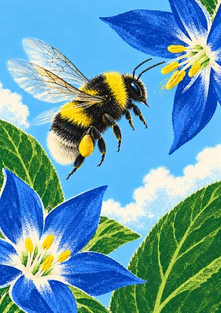 Black-and-yellow bumblebee flying between two blue star-shaped flowers, framed by green leaves against a blue sky.