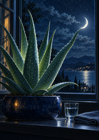 Spiky aloe-like succulent in a dark blue pot on a windowsill beneath a crescent moon, with a glass of water and folded cloth.