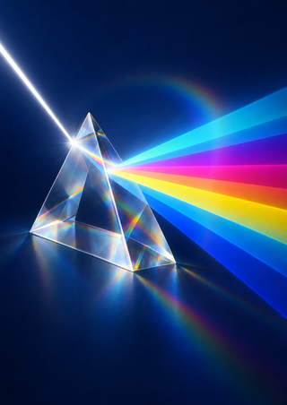 A triangular glass prism splits a white beam into vivid colored rays against a dark blue background.