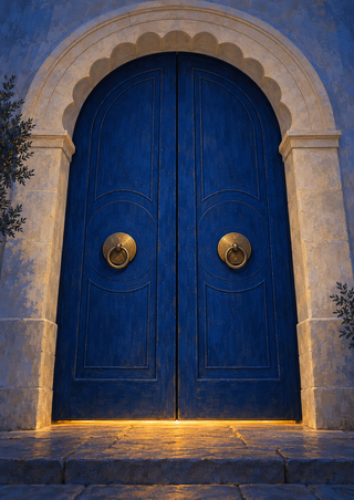 Closed cobalt-blue double doors with brass ring pulls beneath a scalloped pale stone arch, with warm light on the threshold.