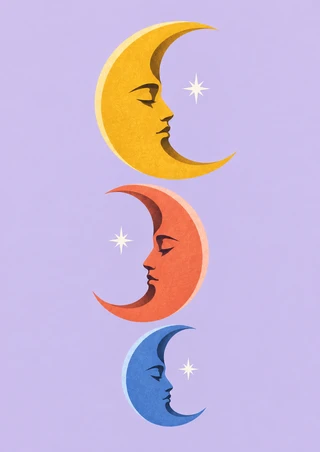 Three offset marigold, coral, and blue crescent moons with dark profile faces and white stars on a pale lilac background.