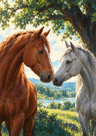 Chestnut and pale-gray horses meeting nose-to-nose beneath a broad tree canopy, with a lake and wooded hills behind them.