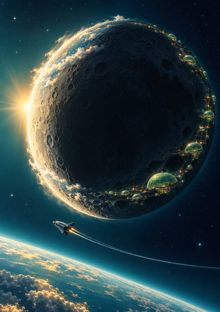 Small shuttle below a cratered celestial body with glowing habitat domes and a bright clouded horizon.