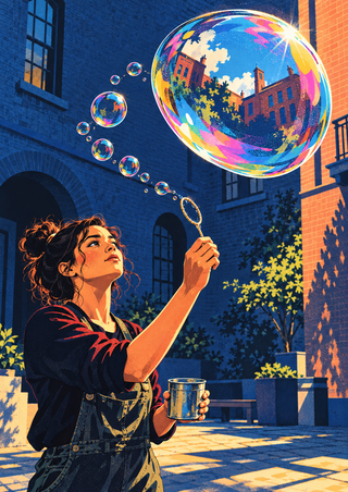 Young woman with a bubble wand and tin looks up at a large iridescent bubble in a blue and orange courtyard.