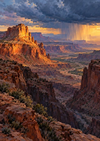 Amber-lit sandstone butte and layered desert mesas lead toward a distant rain curtain beneath storm clouds.