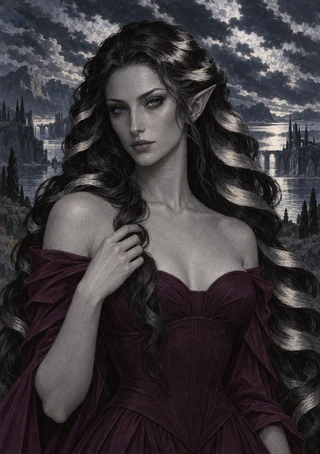 Pointed-eared woman with long black hair in a plum gown, with a distant city and water behind her.