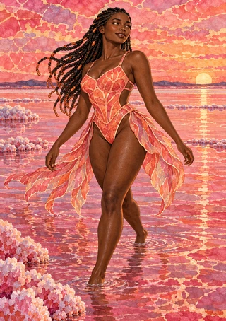 A smiling woman in a coral-pink petal-patterned outfit wades in shallow water at sunset, with braids and flowing panels.