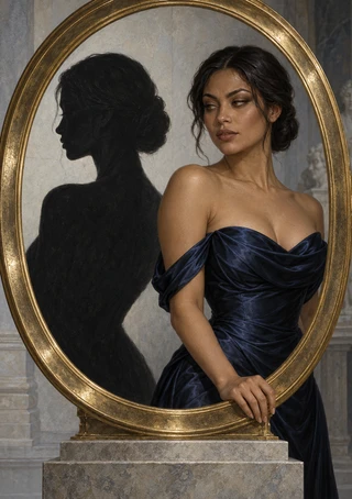 Woman in a navy gown looks toward a dark profile silhouette inside an ornate gold-framed mirror.