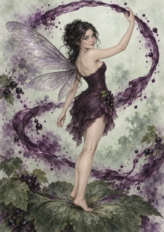 Dark-haired fairy in a plum dress stands barefoot on oversized green leaves as a purple loop dotted with berry-like spheres curls around her.