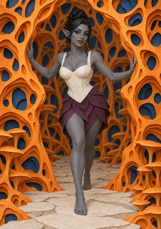 Gray-skinned, pointed-eared woman in a cream top and plum skirt standing barefoot inside an orange branching lattice.