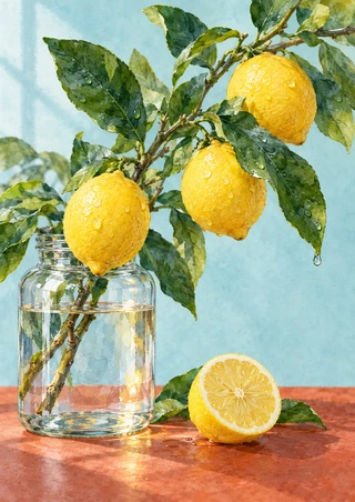 Three yellow lemons and green leaves on a branch above a clear jar with stems in water, with a cut lemon half on a terracotta tabletop.