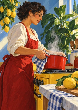 Woman in a red apron lifting a steaming red pot above a yellow stove, with lemons, leafy plants, and a checked cloth.