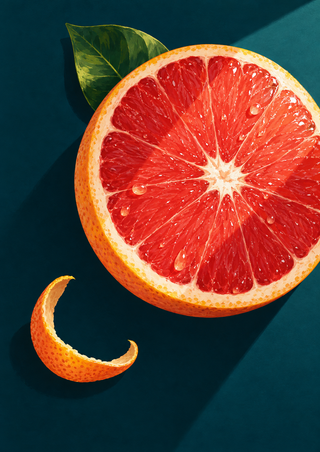 Oversized ruby-red grapefruit cross-section with a green leaf and curled strip of peel against a deep teal background.