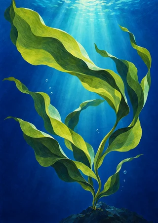 Branching green kelp rising from a rocky base, its broad blades curling through blue water with bubbles and descending light rays.