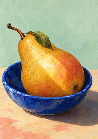 Speckled golden pear with a green leaf resting in a glossy deep-blue bowl against a pale mint wall and warm tabletop.