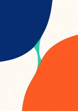 Minimal abstract poster with curved navy and orange shapes framing a narrow turquoise opening on an off-white background.