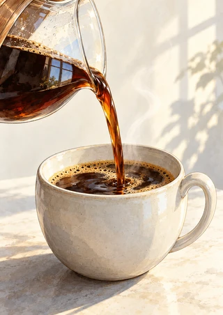 Dark coffee pouring from a tilted clear glass server into a large cream ceramic cup, with a ring of crema and bubbles.