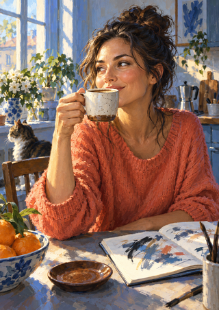 Woman in a coral sweater holding a speckled cup at a kitchen table beside an open sketchbook, with a cat and fruit nearby.