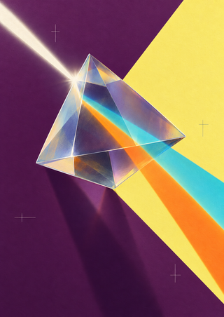Tilted transparent faceted glass prism crossed by diagonal cyan, orange, blue-violet, and yellow light against plum and pale-yellow geometric fields.