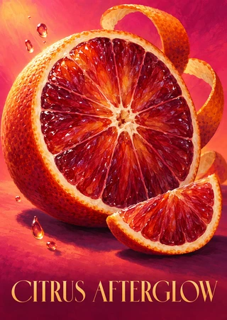Large sliced blood orange with curling peel, a smaller wedge and juice droplets against a pink-coral background, with CITRUS AFTERGLOW lettering below.