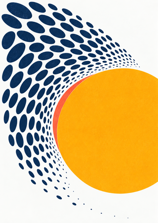 Marigold-yellow disc with a coral crescent edge, surrounded by curved rows of midnight-blue ovals on a cool-white ground.