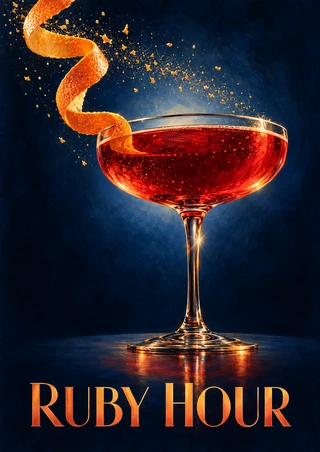 Ruby-red cocktail in a stemmed coupe with a curling orange-peel garnish and “RUBY HOUR” lettering on a dark blue background.