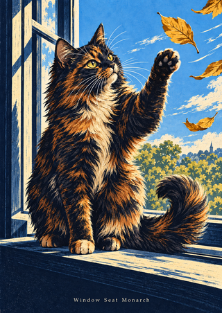 Long-haired tortoiseshell cat raising a paw toward golden leaves from a window sill, with “Window Seat Monarch” printed below.