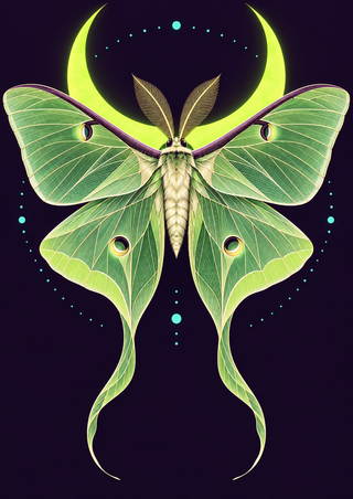 Symmetrical pale green moth-like insect with four spread wings and long tails before a bright lime crescent on a dark violet ground, surrounded by turquoise dots.