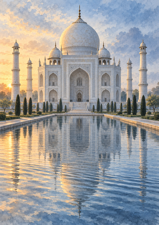 Centered white-stone domed mausoleum-like building and garden trees reflected in a long pool beneath a softly colored dawn sky.