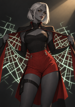 White-haired, pointed-eared dark elf woman in a black cape and red shorts, spreading a cape patterned with glowing map-like lines.