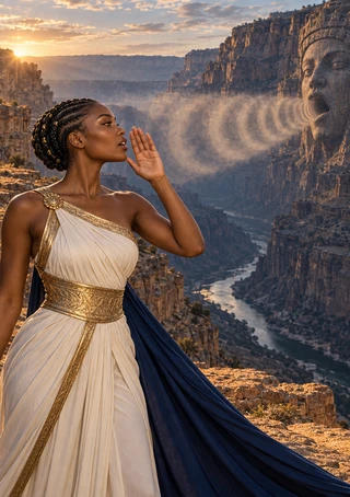 Woman in a cream-and-gold dress faces a giant carved cliff face as pale bands extend across a sunset canyon and river.