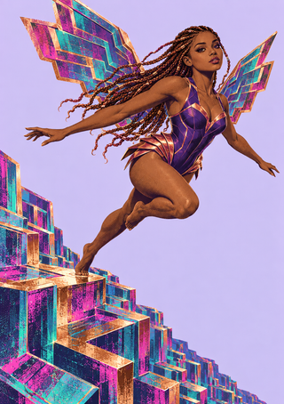 Dark-skinned fantasy woman with long braids leaps beside iridescent angular wings and colorful stepped formations against a lavender background.