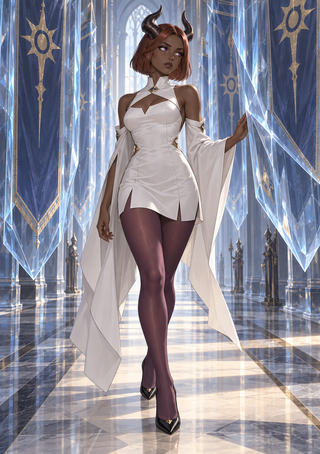 Horned woman in a white asymmetrical dress stands in a reflective blue crystalline corridor lined with sun-emblem panels.