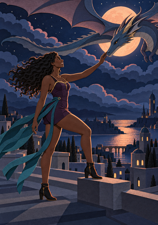 Woman in purple reaching toward a blue-gray dragon above rooftops, coastal water, and a large orange moon.
