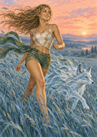 Smiling woman with windblown hair running through tall grass beside a pale fox under a peach sunset.