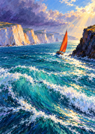 Small orange-red sailboat passing a dark headland on a choppy turquoise-blue sea, with pale cliffs and sunlight breaking through clouds.
