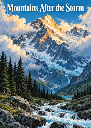 A snow-streaked alpine summit glows beneath clouds above a glacial stream and dark evergreen trees.