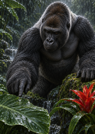 Mature gorilla crouching among rain-wet tropical leaves and reaching toward a droplet, with a red bromeliad in the foreground.