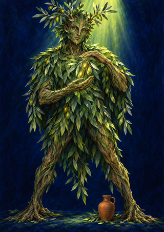 A leafy, bark-faced olive-tree guardian holds golden olives beneath green light, with a terracotta jar at its feet.