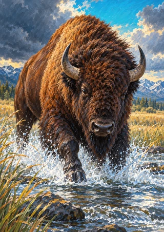 A shaggy bison charges through splashing water in a shallow stream, with grasses, mountains, and a turquoise sky behind it.